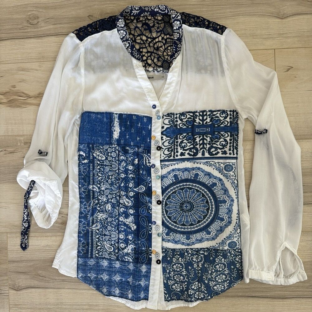 Desigual Patchwork Boho Blouse XS Blue White Lace Back Artistic Shirt Sm Hole